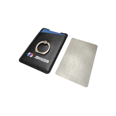 Titular do cartão de crédito de telefone celular de couro PU RFID com suporte para anel de aperto de dedo