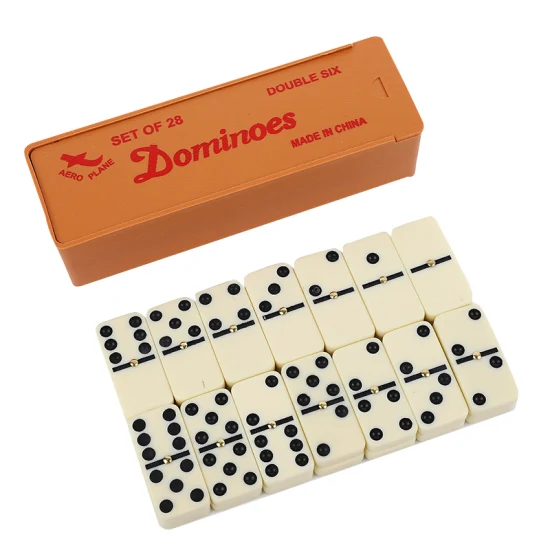 Conjunto de seis dominós duplos e dominó colorido de madeira com caixa de madeira