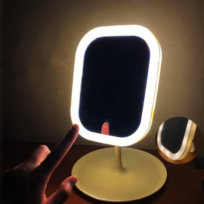 Iluminação de 3 cores diferentes com bandeja de carregamento USB com controle de toque retangular espelho de maquiagem LED cosmético