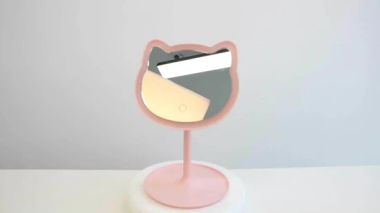 Espelho de maquiagem fofinho fofinho com escurecimento por LED estilo gato