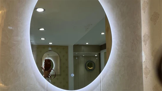 Espelho de maquiagem pendurado na parede, tamanho personalizado, tamanho personalizado com abajur de acrílico para banheiro, espelho inteligente LED